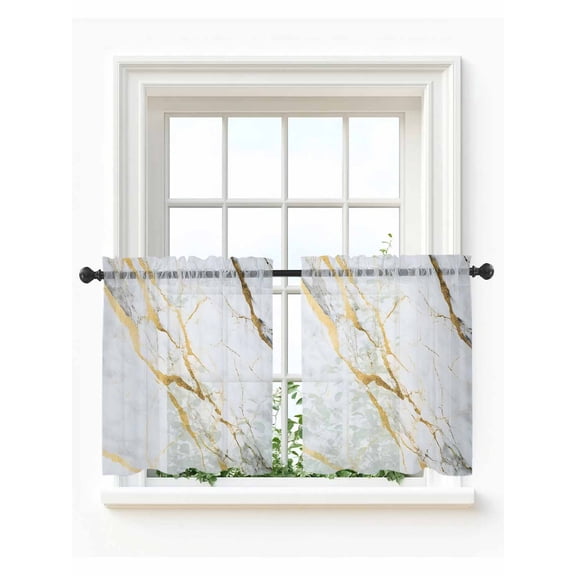 Marble White Gold Tier Curtains 36 Inch Length, Sheer Curtains for Bedroom Living Room Window Modern Marbles Geometric Rod Pocket Voile Drapes Kitchen Curtains Small Half Window 27.5"x36" 2 Panels