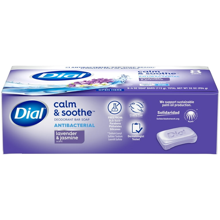 Dial Antibacterial Bar Soap Calm Soothe Lavender Jasmine Scent 4 oz 8 Bars