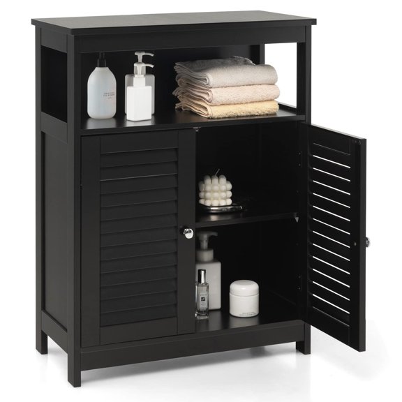 Bathroom Cabinet with Louver Doors, Wooden Storage Organizer for Kitchen Living Room, Adjustable Shelf & Design, Freestanding Floor Cabinet, Black