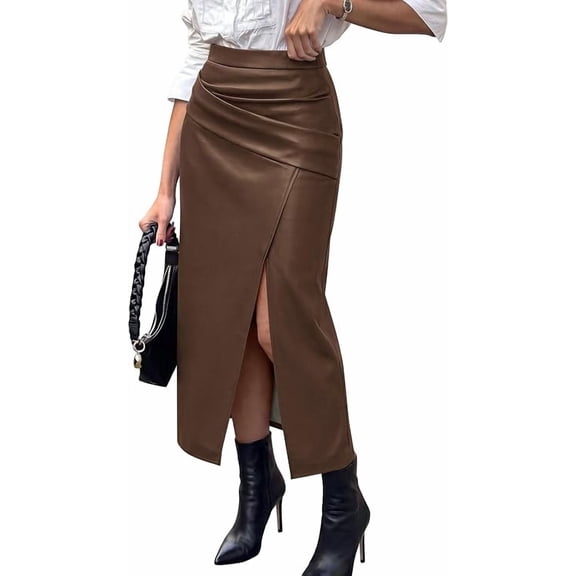 PRETTYGARDEN Faux Leather Long Skirts for Women High Waisted Front Slit,Elegant Bodycon Midi,Work Office Business Casual Clothes,Fall Outfits,Party Cocktail Pencil Skirt