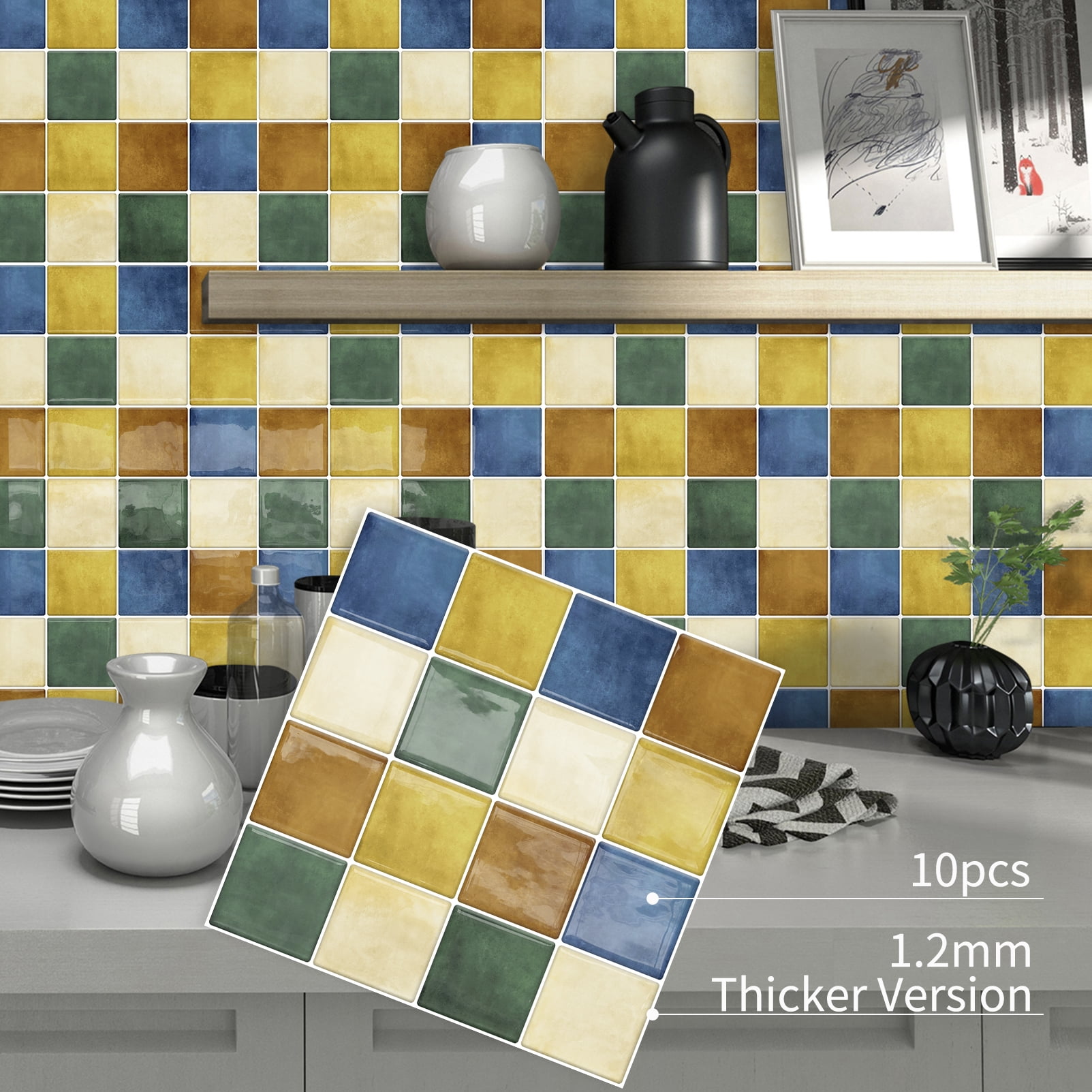 DEWOO Thick Square Kitchen Peel and Stick Backsplash Mosaic Tiles Square Self Adhesive Wall Tile Checkerboard Checkered Stickers,Multicolor (10-Sheet,12"x12")