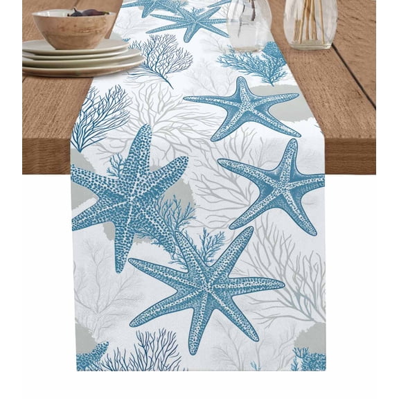 Blue Starfish Coastal Table Runner 48 Inches, Nautical Summer Beach Coral Ocean Bed Runner Dresser Scarves Tabletop for Indoor Outdoor Parties/Ceremony/Banquet, 13" x 48"