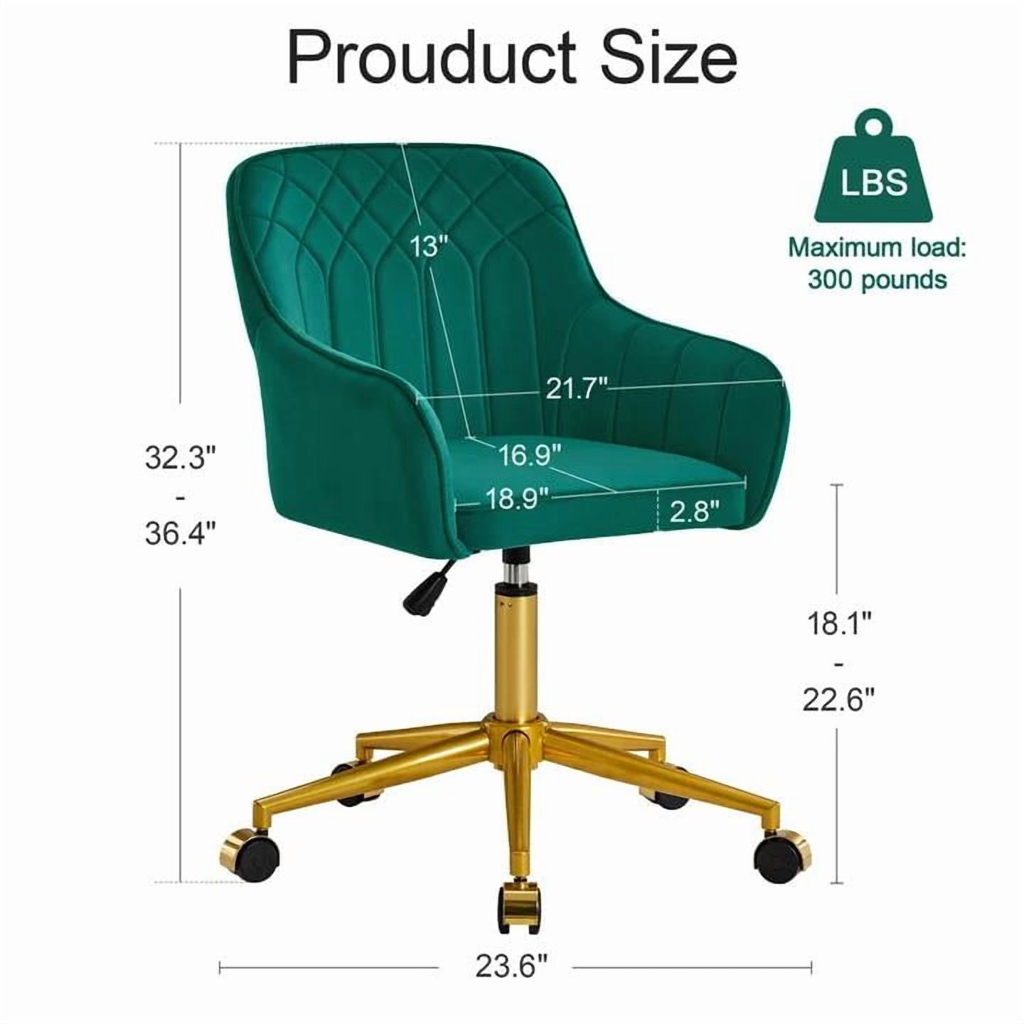 VECELO Modern Velvet Accent Chair, Upholstered Swivel Desk Chair with Gold Base, Adjustable Height Vanity Chair with Wheels for Study, Living Room, Bedroom, Green