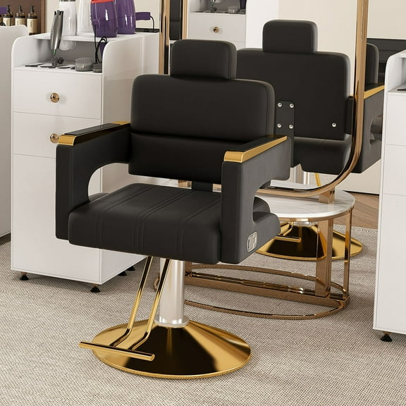 S-HOME Professional Hydraulic Barber Chair With 360 Degree Swivel And Adjustable Height In Black And Gold For Salon Use