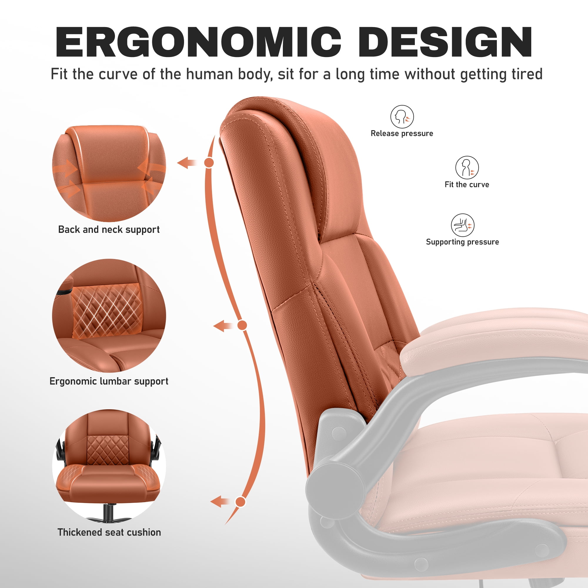 COOLHUT Office Chair, Executive Leather Chair Home Office Desk Chairs, Computer Chair with Adjustable Flip-up Padded Arms, Lumbar Support Swivel Desk Chair with Adjustable Hight and Tilt, Brown