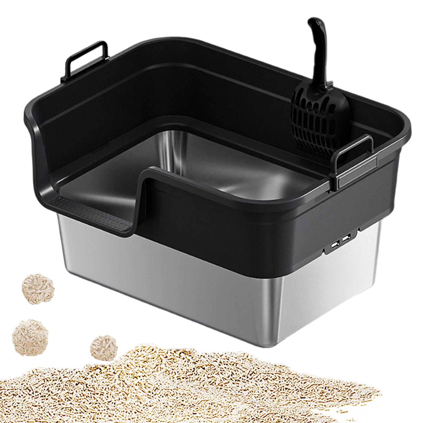 EHJRE Large Cat Litter Box Litter Pan Heightening, Semi Enclosed for Small Large Cats High Sided Sturdy, Anti Splashing, Cat Toilet Black