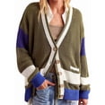 thumbnail image 2 of Womens V Neck Cardigan Sweaters Color Block Button Oversized Long Sleeve Open Front Knit Sweater Coats Olive Green L, 2 of 7