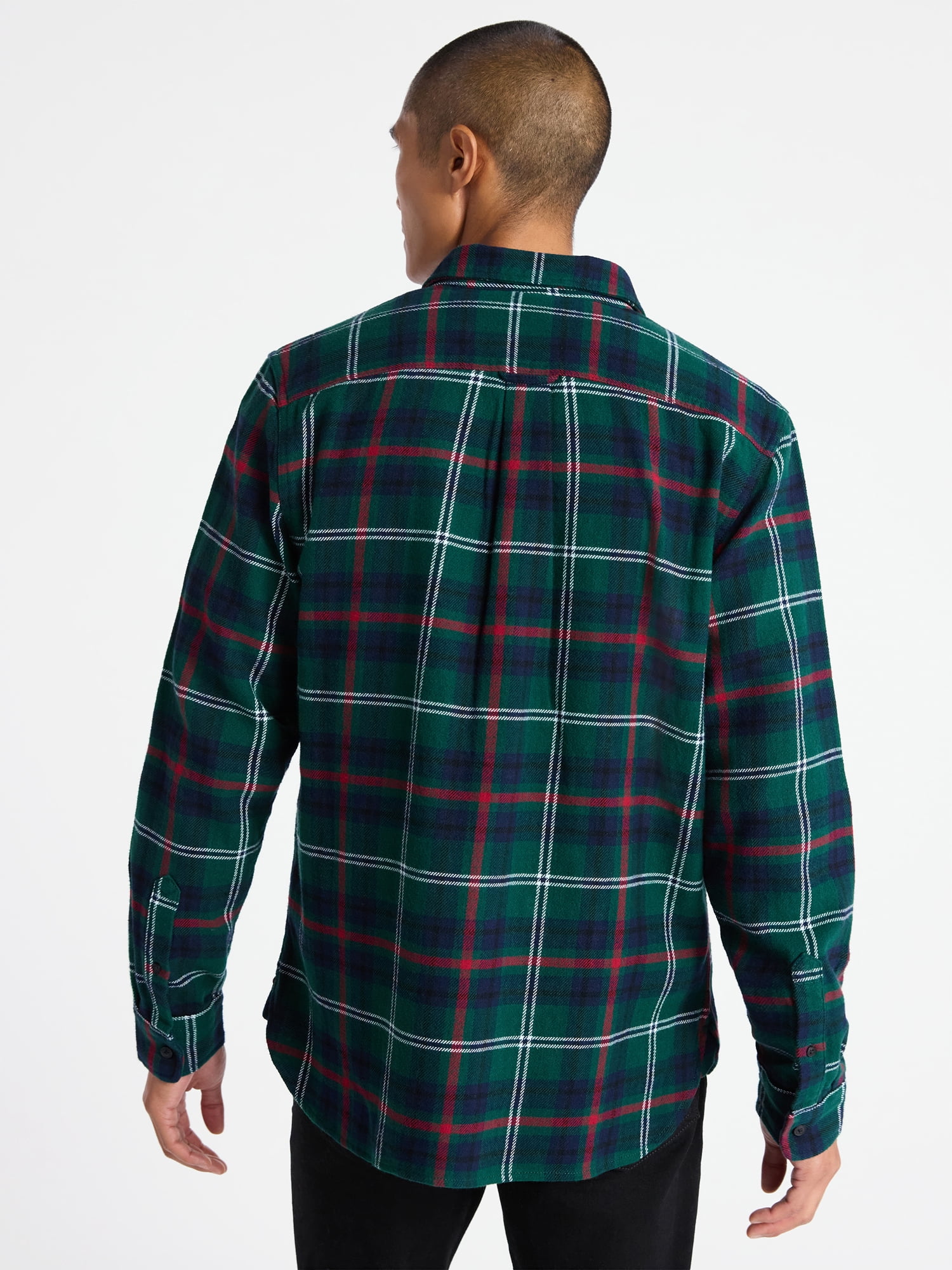 Free Assembly Men's Two Pocket Cotton Flannel Shirt with Long Sleeves, Sizes XS-3XL