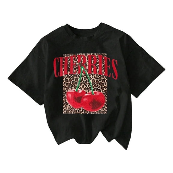 Milk Shreds Women's T-ShirtsLadies' Round-Neck Short-Sleeved Summer T-Shirt with Leopard Print Cherry Letter Pattern Black L