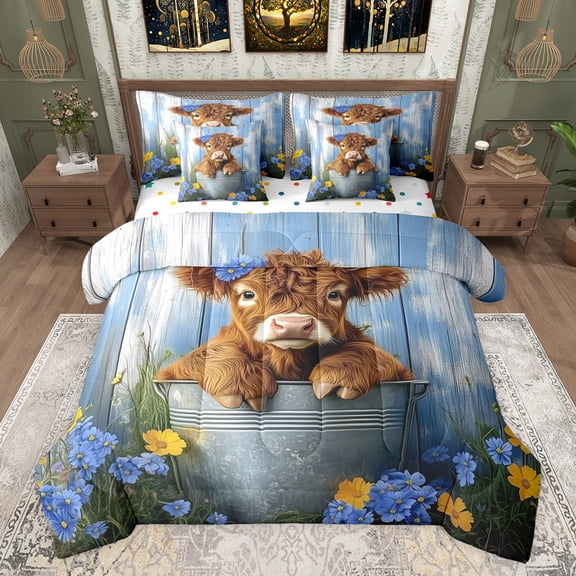 Castle Fairy Kids Teens Adults Highland Cow Twin Bedding Sets 7-Piece,Chic Floral Flowers Bedding Comforter Set Microfiber,Rustic Vintage Farmhouse Animal Breathable Sheet Sets