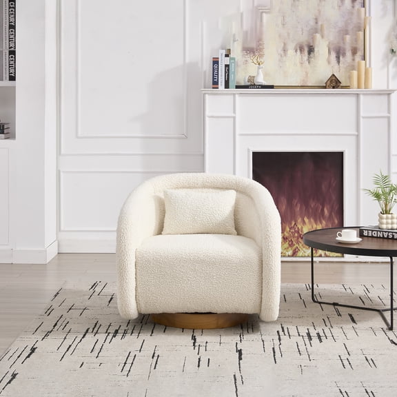 Swivel Accent Chair, 360° Swivel Barrel Lounge Chair with Cozy Teddy Fabric, Pumpkin-Shaped Upholstered Armchair for Living Room, Bedroom, or Office, Beige