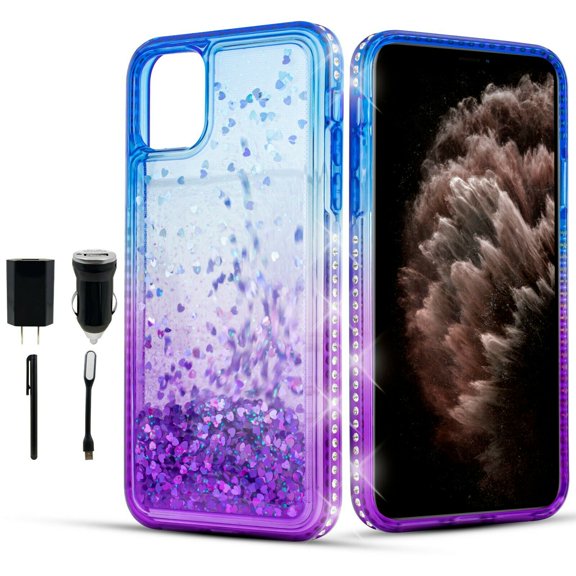 Value Pack ! for Apple iPhone 11 (6.1inch) Full Glass Liquid Glitter Bling Sparkling Cute Woman Girl Case Phone Case Silicone PU Shock Bumper Scratch Guard Skin Wrap Slim Cover