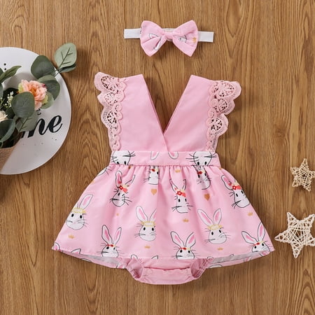 

Fidelma Girls Romper&Jumpsuit Newborn Infant Baby Girls Cartoon Bunny Printed Jumpsuit Romper+Headbands Sets Pink-70