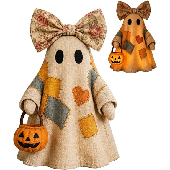 Lighted Vintage Patchwork Ghost Halloween Decor, LED Ghost Tabletop Figurine, Rustic Farmhouse Halloween Decoration, Spooky Cute Fall Shelf Mantel Centerpiece Decor for Home Office Tiered Tray