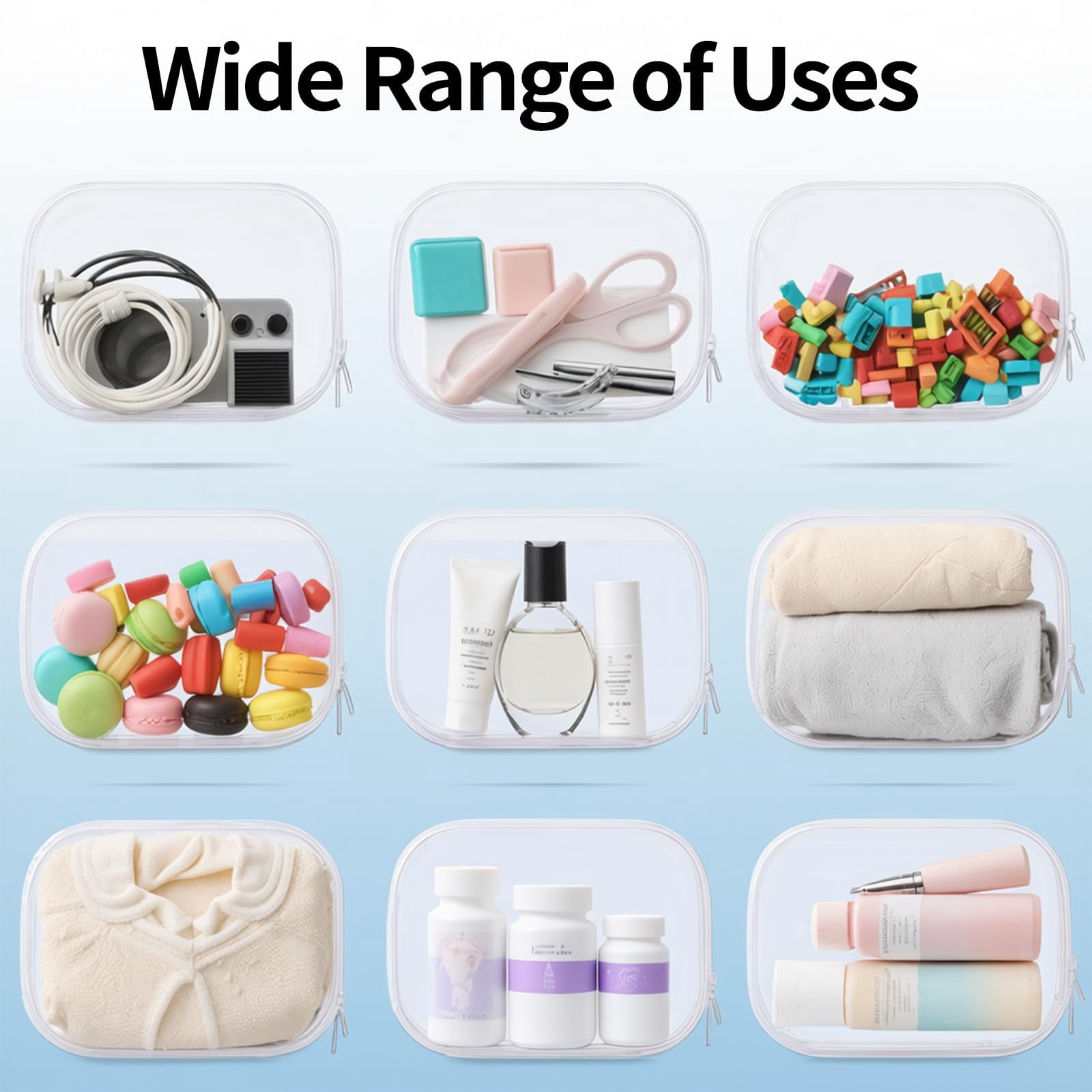 6 Pack Clear Hard Shell Zipper Case Set, 1.2mm Heavy Duty Crush-Resistant Organizer Pouches, Travel Storage Bags for Toiletries, Cables and Daily Essentials, 2L 2M 2S