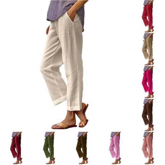 XIAONU Women's Solid Straight Leg Pants Hem Side Pockets Full Length Trousers