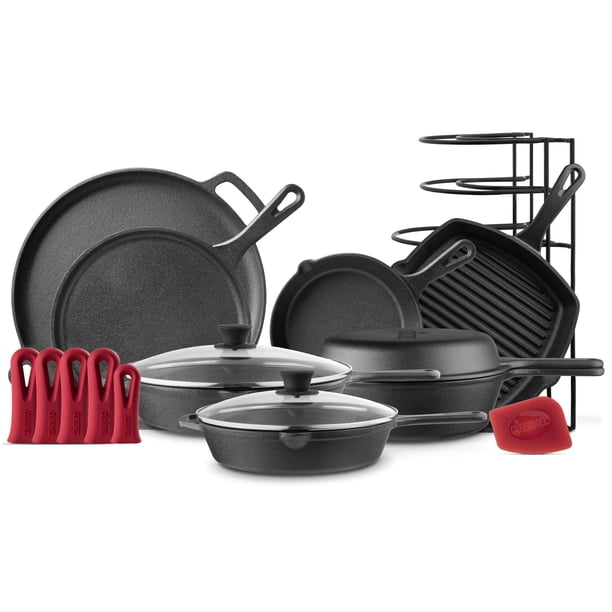 Cuisinel - Juego completo de utensilios de cocina de hierro fundido, kit presazonado, sartén de 8 pulgadas + sartenes de 10 pulgadas + 12 pulgadas con tapa de vidrio + sartén para parrilla + horno