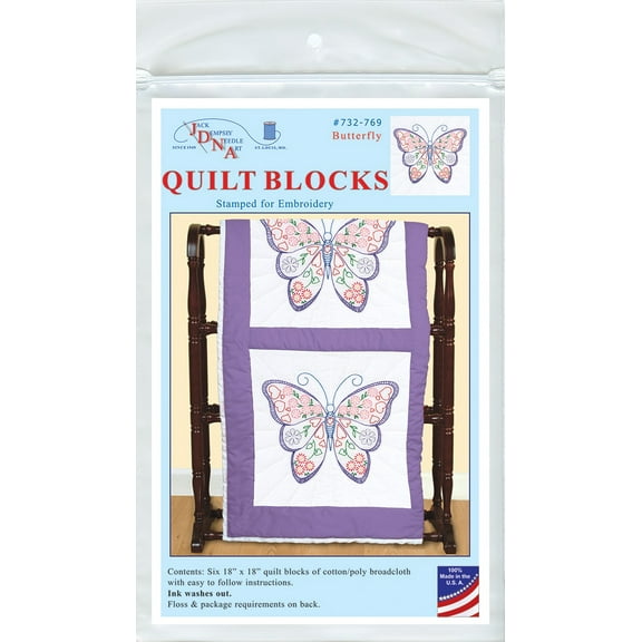 Jack Dempsey Stamped White Quilt Blocks 18"X18" 6/Pkg-Butterfly