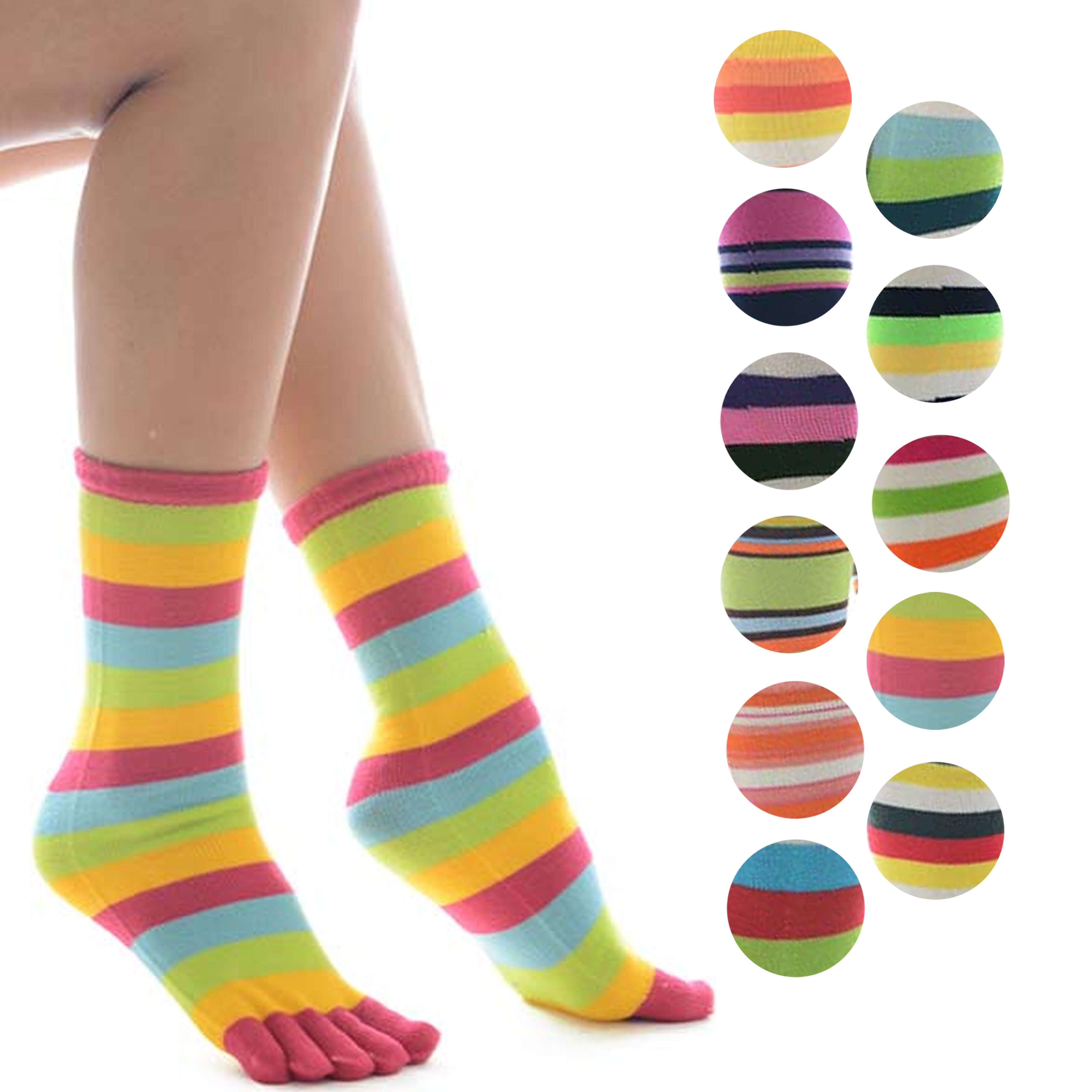 6 Pairs Bright Multicolor Striped Women's Toe Socks Crew Calf High Casual  9-11 