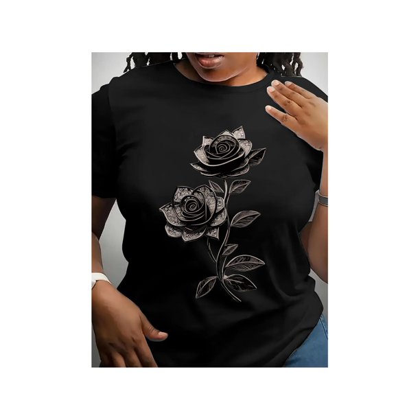 Delicate Rose Print Round Neckline Stylish Casual Short-Sleeve Summer T-Shirt for Women with a Fitted Design