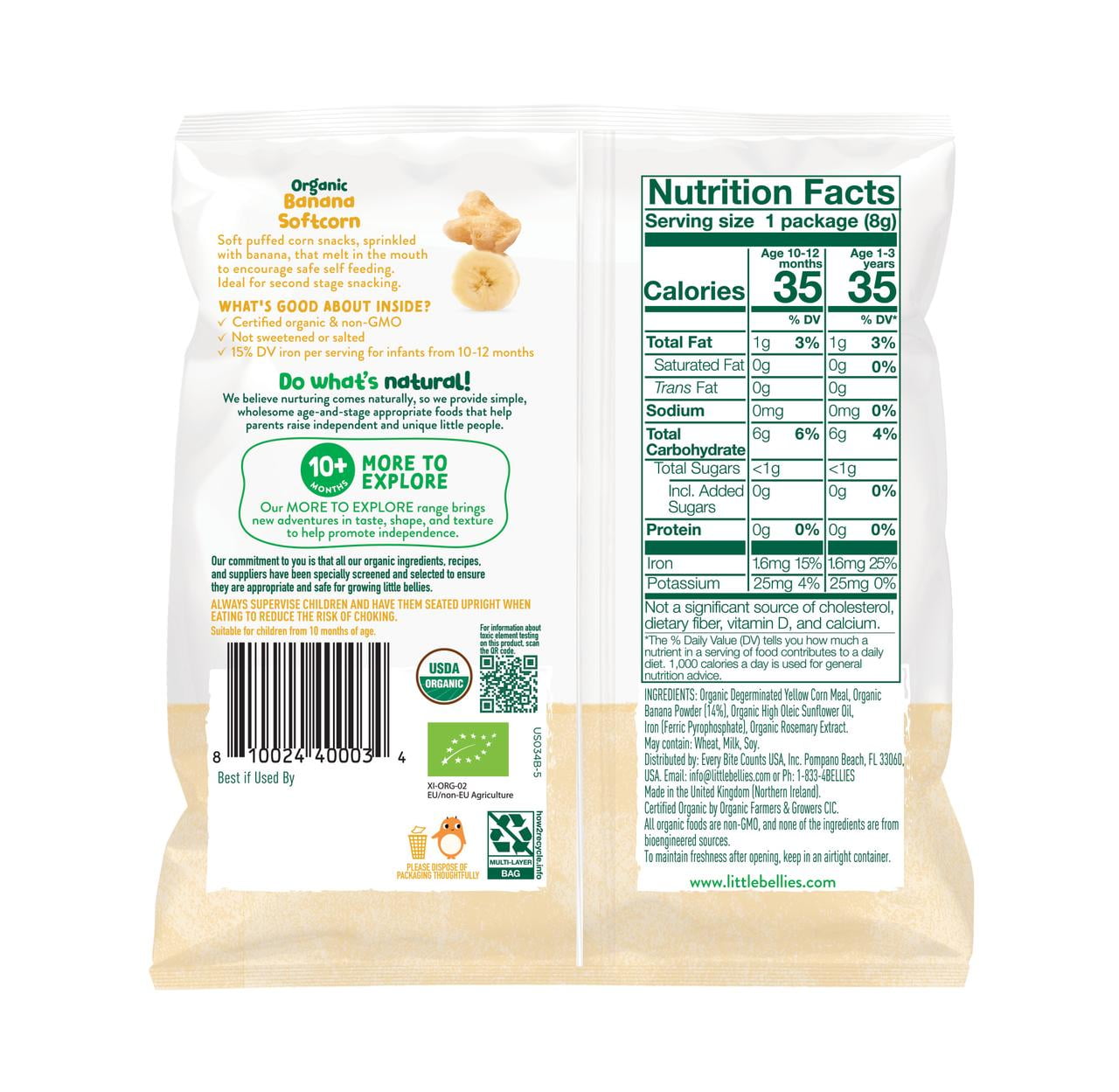 (2 pack) Little Bellies Organic Banana Softcorn Snack, 0.28 oz Bag