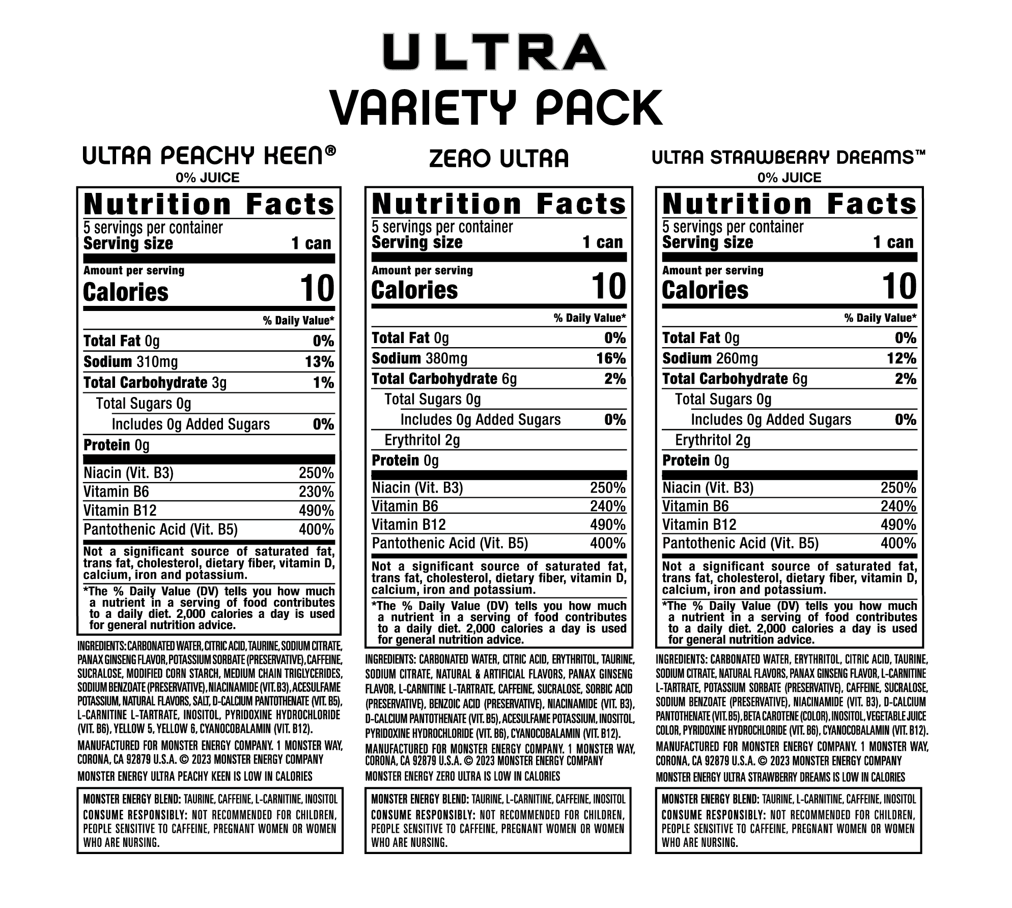 Monster Energy Ultra Variety Pack Energy Drink, Zero Sugar, 15-Pack, 16 Oz Cans