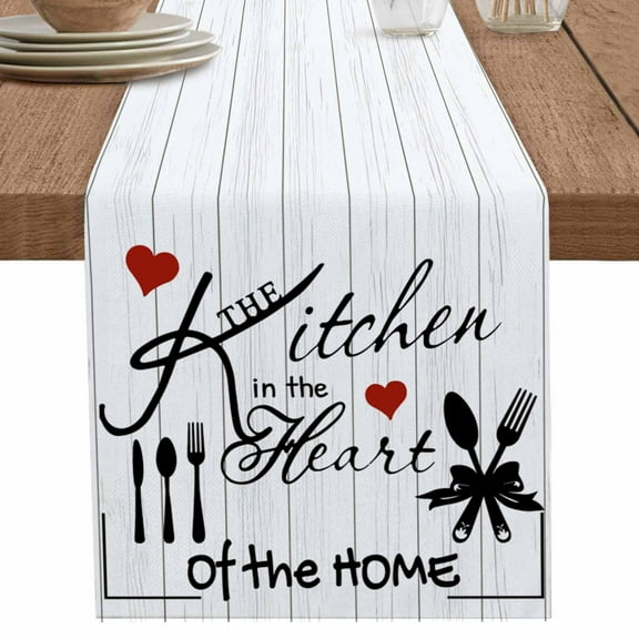 nqOlkjepod Kitchen Tableware Table Runner 72 Inches Long Farmhouse Dress Scarves, Red Love Heart Black Words Vintage Dining Tablerunner for Coffee Table/Kitchen Island/Party Décor, 18" x 72"