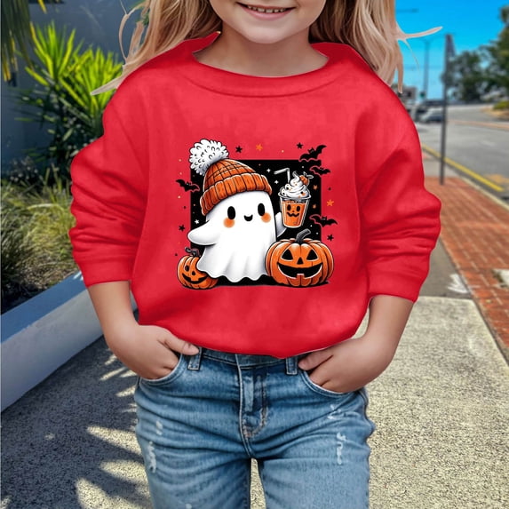 WERYOUNG Children Halloween Sweatshirts Long Sleeve Crew Neck Cute Cartoon Prints Hoodless Sweatshirts For Boys Girls Fashion Festival Pullover Stylish Top 7-8 Years