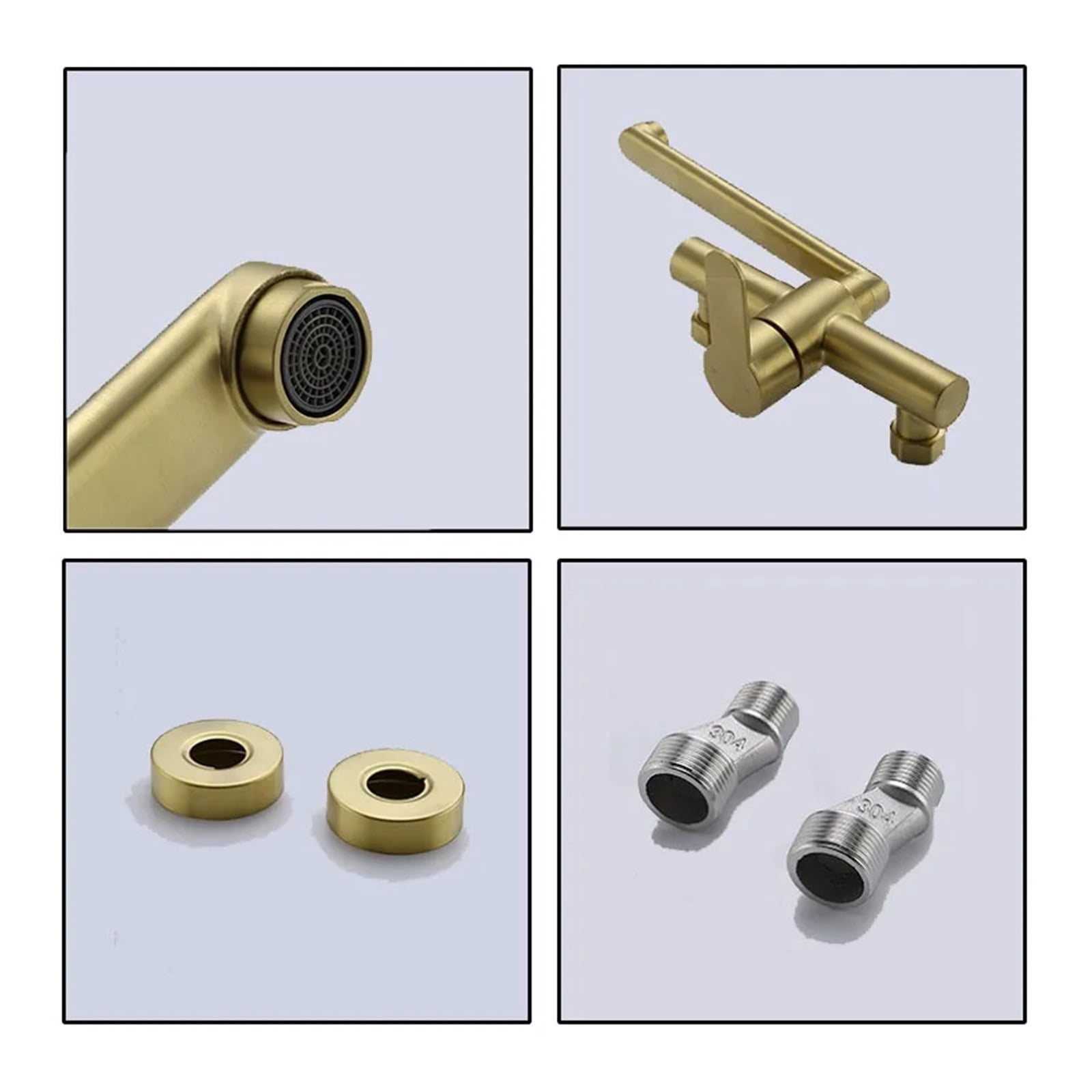 Brushed Gold Wall Mounted Kitchen Faucet, Bathtub Bathroom Basin Faucet, 180° Rotation Hot Cold Water Mixer Mop Pool Tap Dual Hole