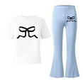 thumbnail image 5 of ZHOGXU Big Kids Girls Outfit Bow Printed Short Sleeve Round Neck Top And Flare Leg Pants Two Piece Comfortable Fashion Sets For Daily Wear Light Blue 13-14 Years, 5 of 5