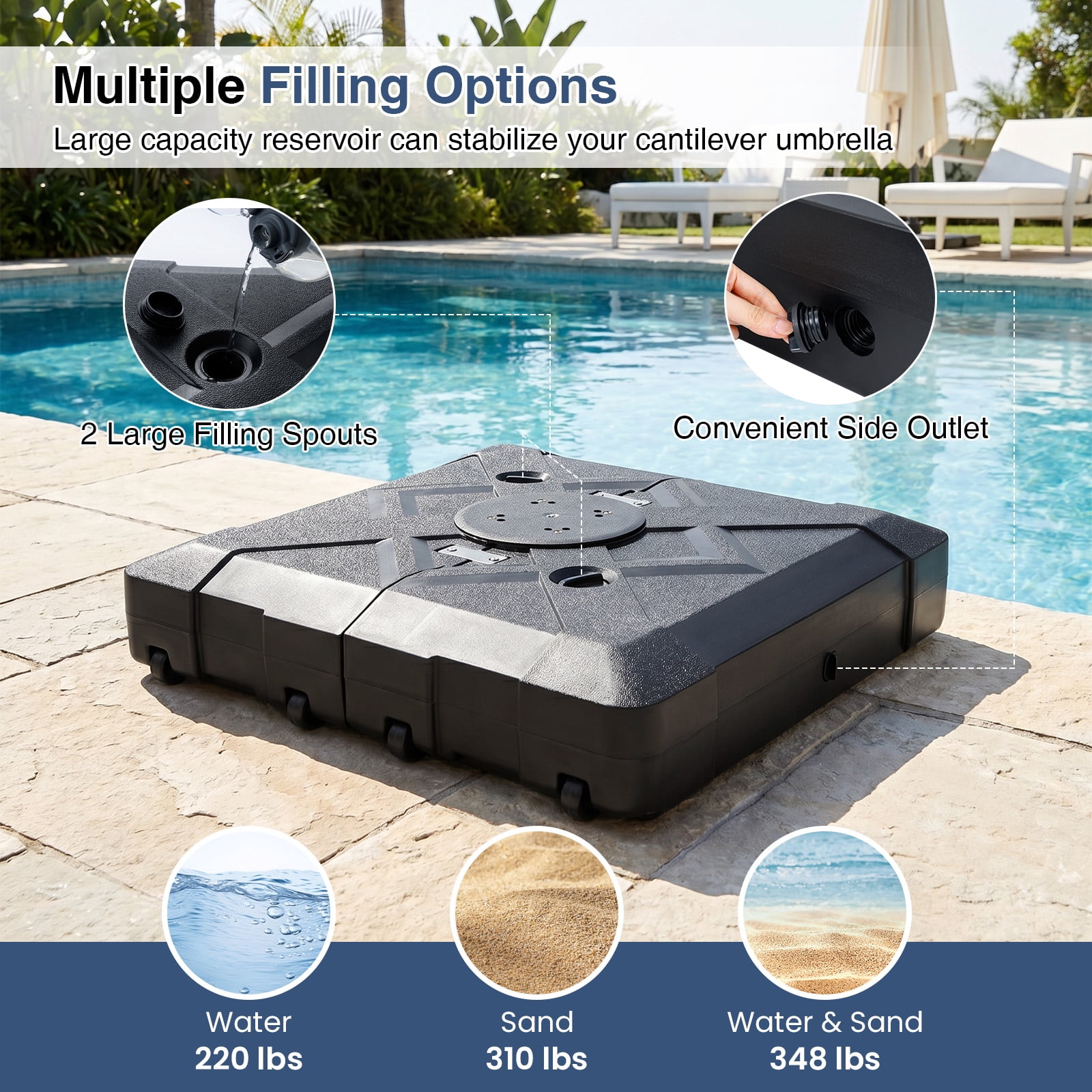 Costway Cantilever Patio Umbrella Base with 4 Wheels,348 LBS Water & Sand Fillable Stand