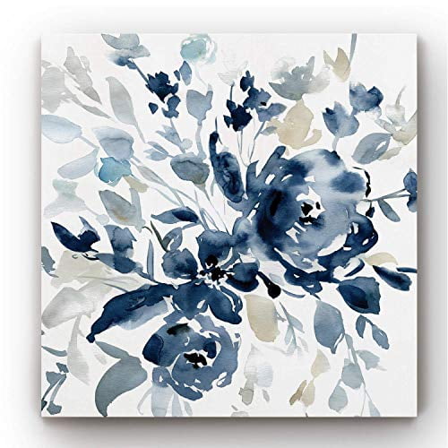 Floral Wall Art, Blue Flower Painting Abstract Canvas Wall Décor for Bedroom Bathroom Kitchen Office, Ready to Hang - Indigo Garden 24"H x 24"W