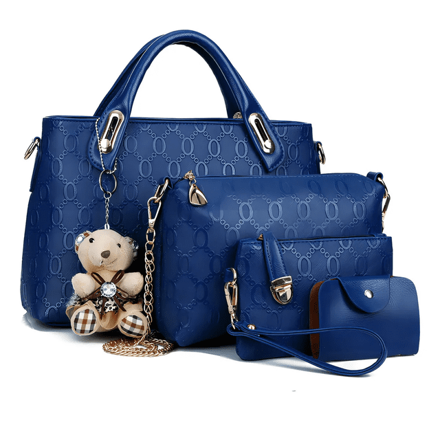Juego 4 Bolsos Mujer Cartera Tote Cosméticos Tarjetero Oso Xtellar Color Azul