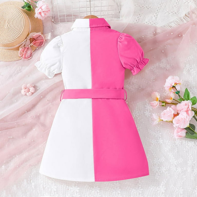 CHEEREAM Litttle Girl's Button Front Dress Puff Short Sleeve Color Block  Collar Aline Dress with Belt 4-9 Years Hot Pink 8 Years - Walmart.com