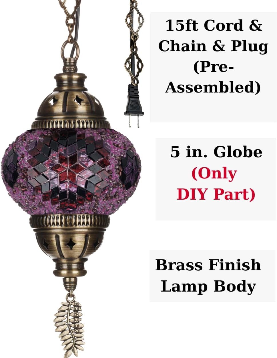 DEMMEX DIY Turkish Mosaic Plug-in Hanging Lamp Kit – NO Grout or Plaster, Beginner-Friendly – Complete Tiffany Mosaic Glass Light-Making Craft Project Kit for Adults and Teens (Purple)