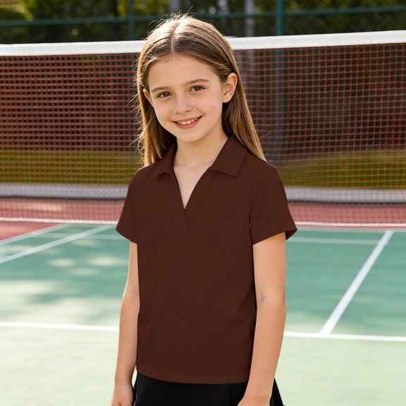 CAIVO Girls Lapel Shirts Sporty Solid Color Short Sleeve Tops For Kids Breathable For Play And Everyday Wear Blouses For Child , Brown