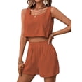 thumbnail image 2 of Womens 2 Piece Outfits Lounge Matching Sets Two Piece Linen Shorts Crop Tops Trendy Clothes Summer Orange Color M, 2 of 7
