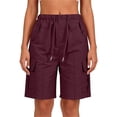 thumbnail image 5 of Oiangi Women's Cargo Shorts Elastic Waist Drawstring Hiking Shorts Straight Leg Basic Knee Shorts with Multi-Pocket Wine S, 5 of 7