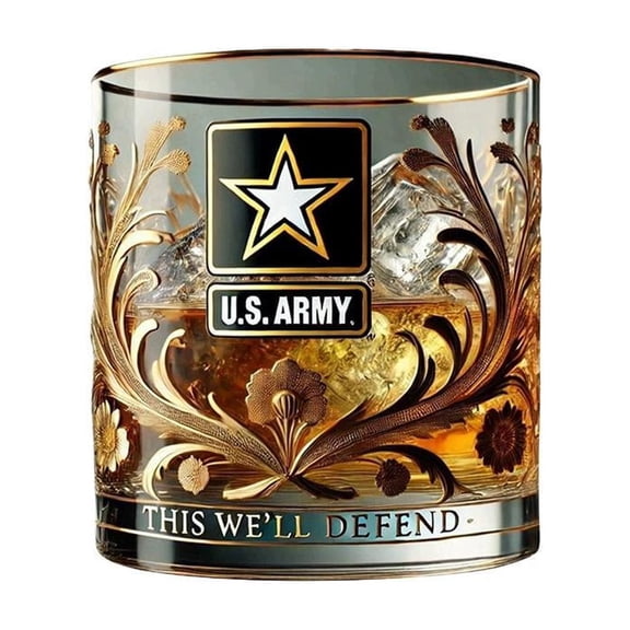 Patriotic Military Tribute Whiskey Glass, 12 oz Capacity with Unique Veteran Design, Ideal for Home Bars and Memorial Celebrations