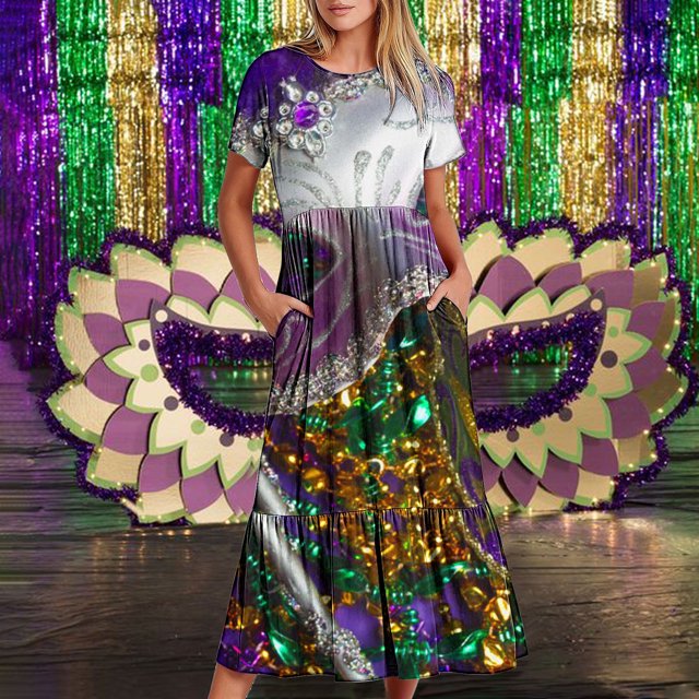 Fshaion Robe d'Été pour Femmes 2024 Grande Taille Mardi Gras Imprimée Carnaval Manches Courtes Col Rond Robe Décontractée Fluide à Volants Maxi Robe de Plage avec Poches Liquidation à Moins de 10!