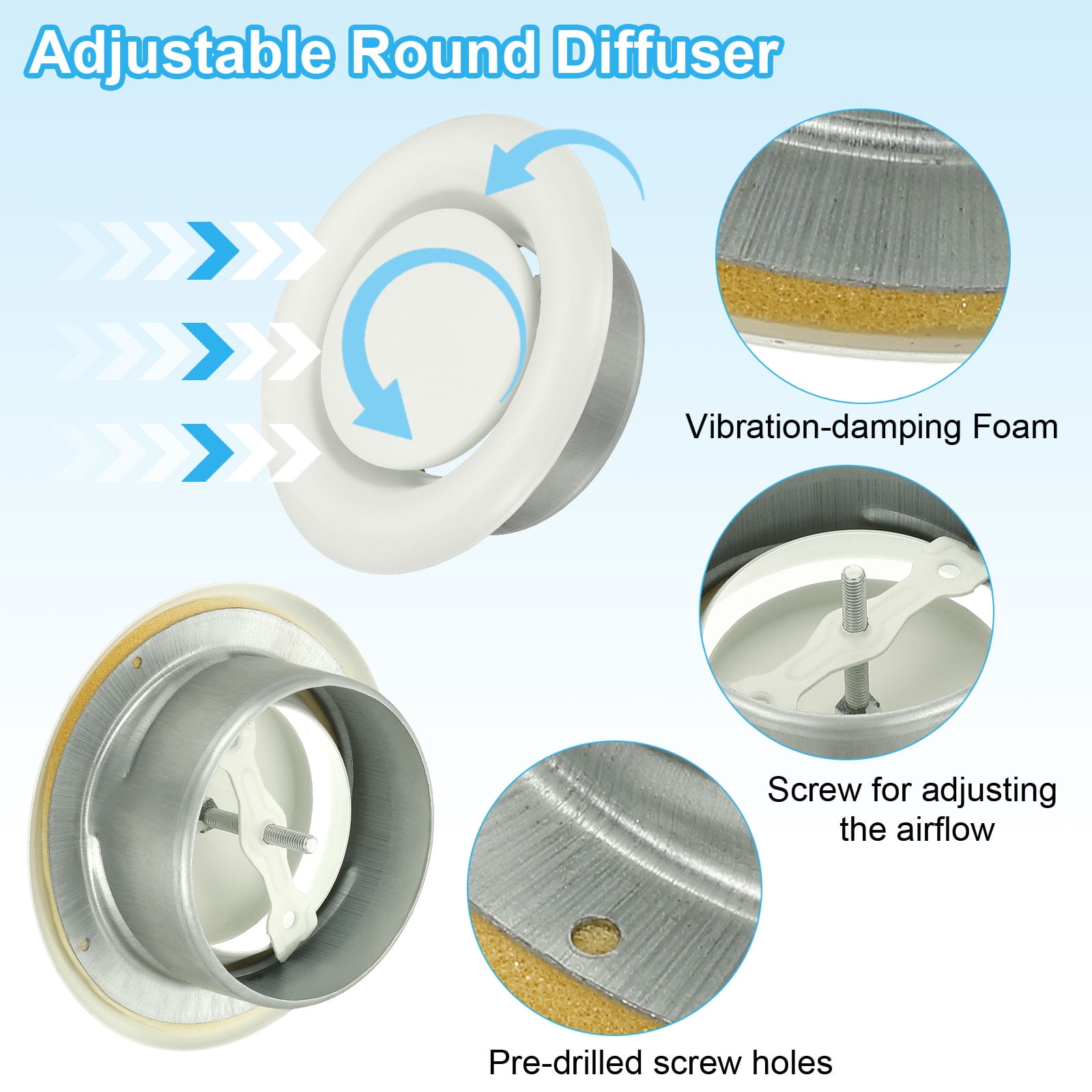 Uxcell Round Ceiling Diffuser Metal Adjustable Wall Air Vent Diffuser Vent Duct Cover Exhaust Supply 4 Inch White