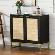 Eumyviv Modern Accent Sideboards Cabinets with 2 Rattan Doors, Mid-Century Buffets Storage Credenzas for Bedroom Living Room, Black H0046