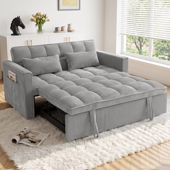 ShiKeyi 54" Corduroy Convertible Sofa Bed, 3 in 1 Pull Out Sleeper Sofa, Loveseat Couch with Storage Pocket, Light Gray