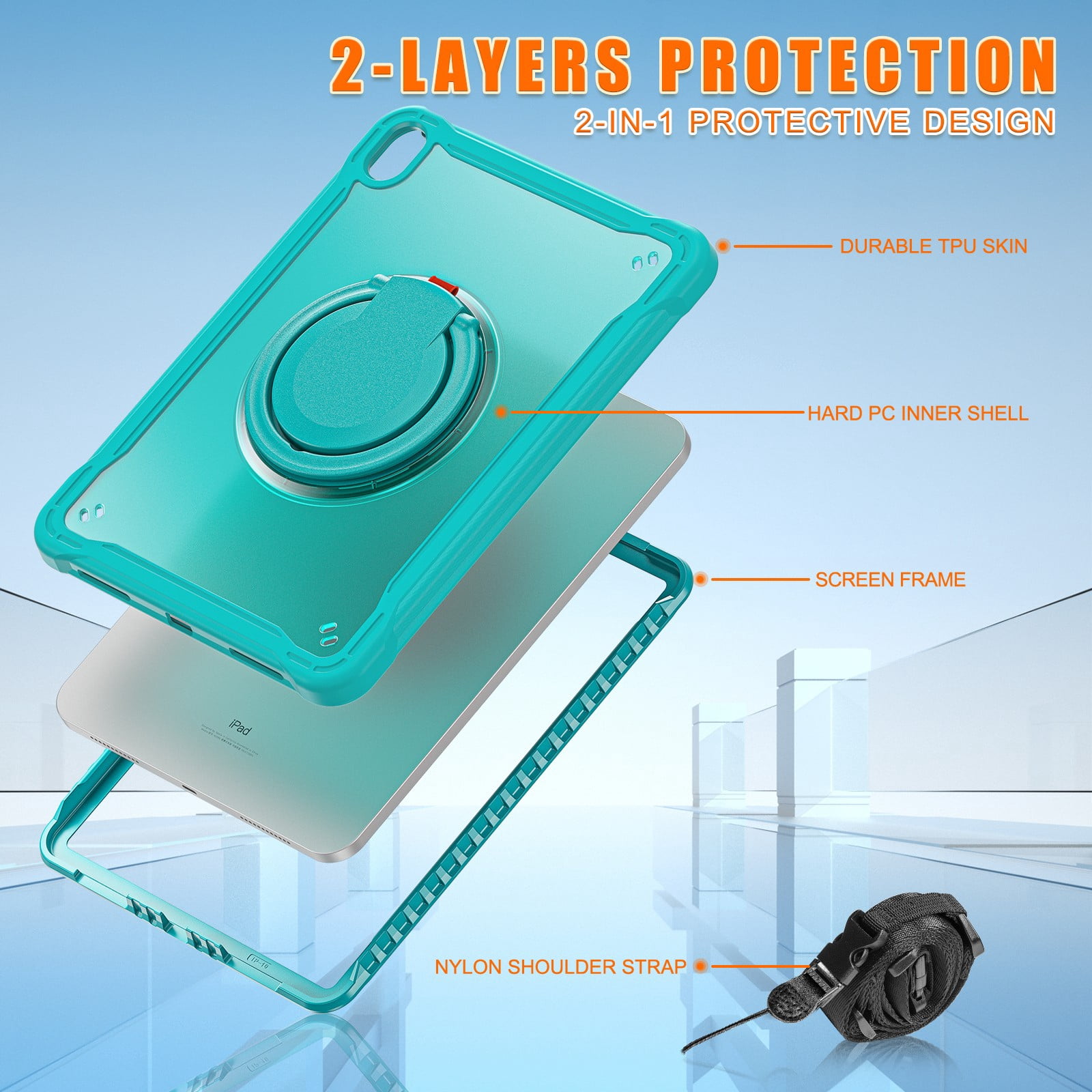 ELEHOLD Rugged Case For Apple iPad Air 13 (2024) Hybrid Shockproof Cover [360 Rotating Stand] [Hand Grip] [Pencil Holder] [Detachable Shoulder Strap] Kids Case, Blue