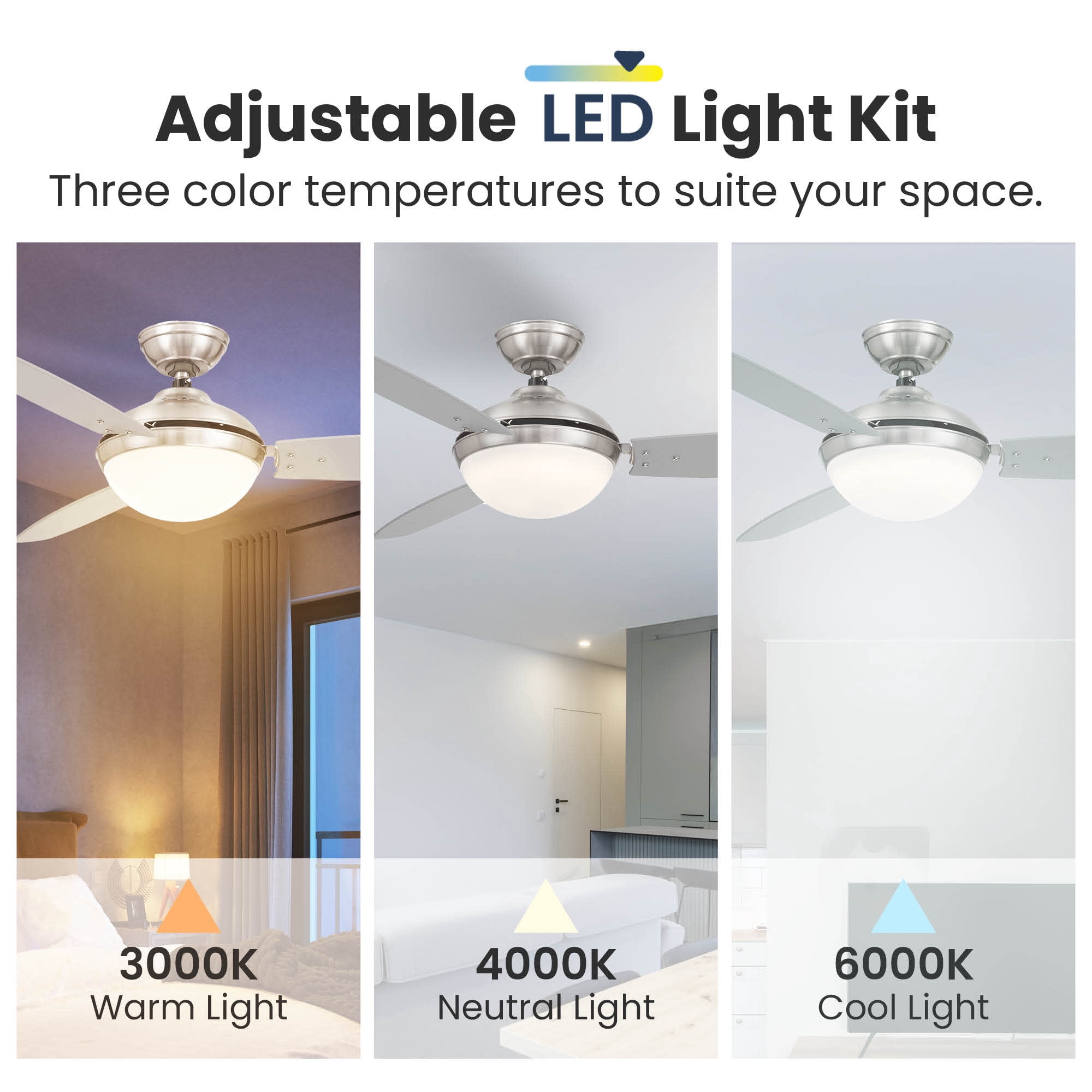 Brushed Nickel 52 Inch 3 Blade Indoor Ceiling Fan, Ideal for Bedrooms and Living Rooms, Quiet DC Motor, LED Light with Remote, Eleve Comfort