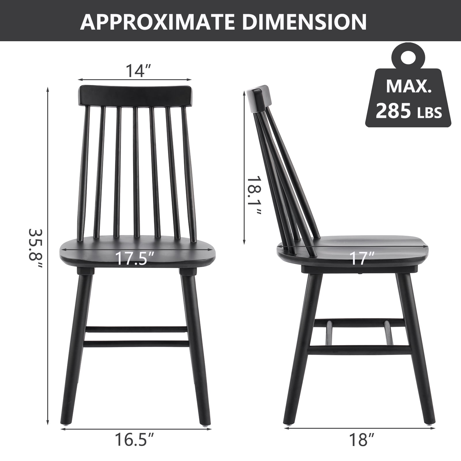 17.5''W Farmhouse Dining Chairs Set of 6, 7-Spindle Windsor Solid Wood Chair for Kitchen & Dining Room, Black