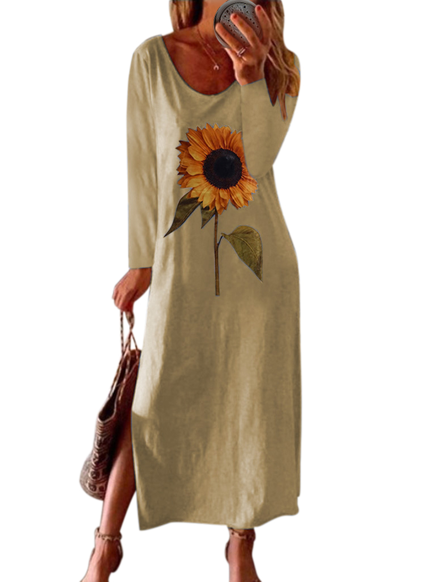 Sexy Dance Plus Size Long Sleeve T Shirt Dress For Women Print Maxi Dress Ladies Holiday Party Split A-Line Dresses Casual Loose Sunflower Print Tunic Kaftan Dress - image 1 of 2