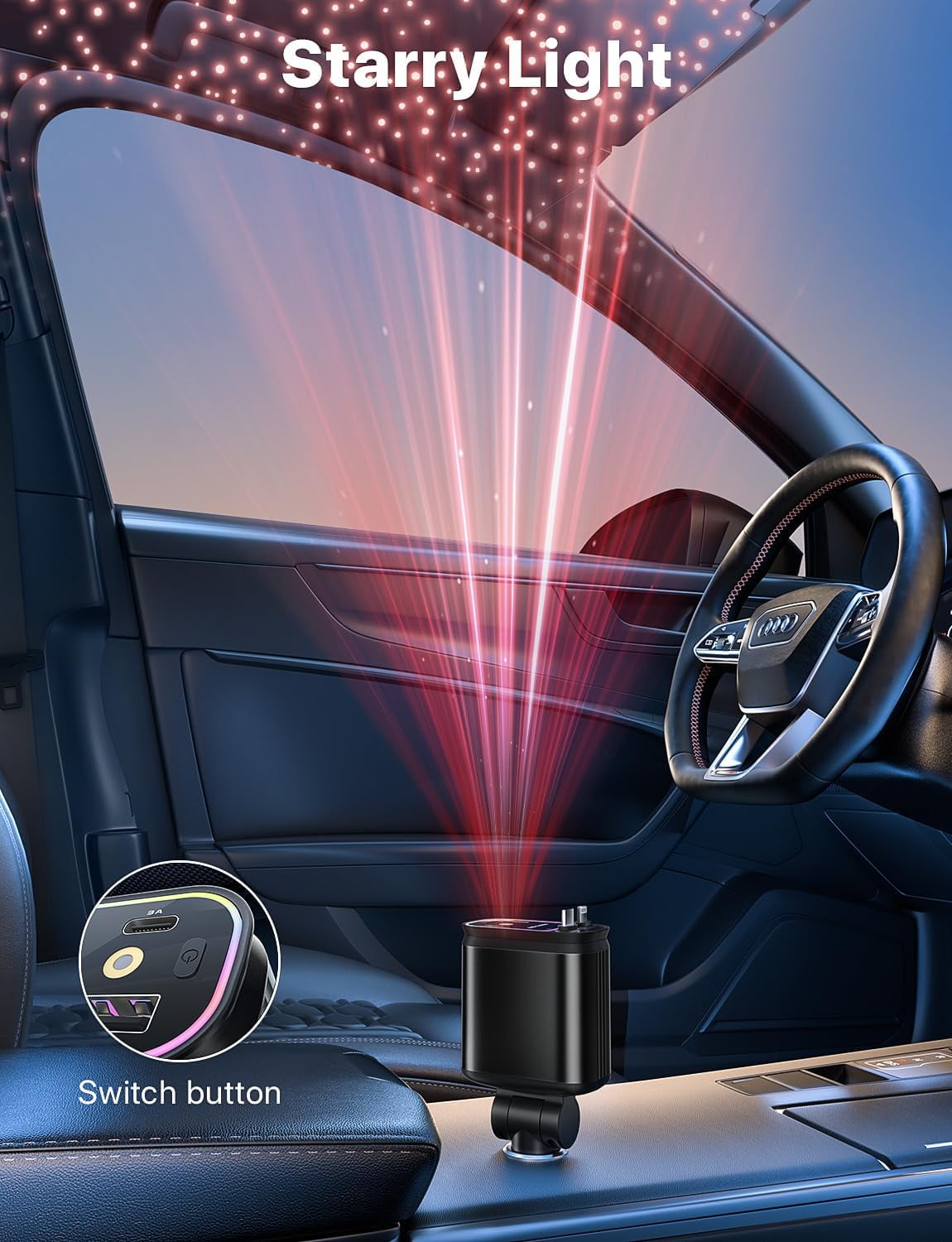 Starlight Retractable Car Charger with Cables, in Roof 4 1 Super Fast USB C Phone Charger, 2 Ports Starry Sky Adapter, Compatible iPhone 17 16 15 14