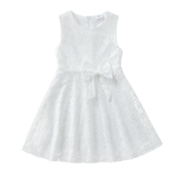 6Y Little Girl Dress 7Y Girls Sleeveless Dress Solid Color Round Neckline Little Girls Casual Dress White