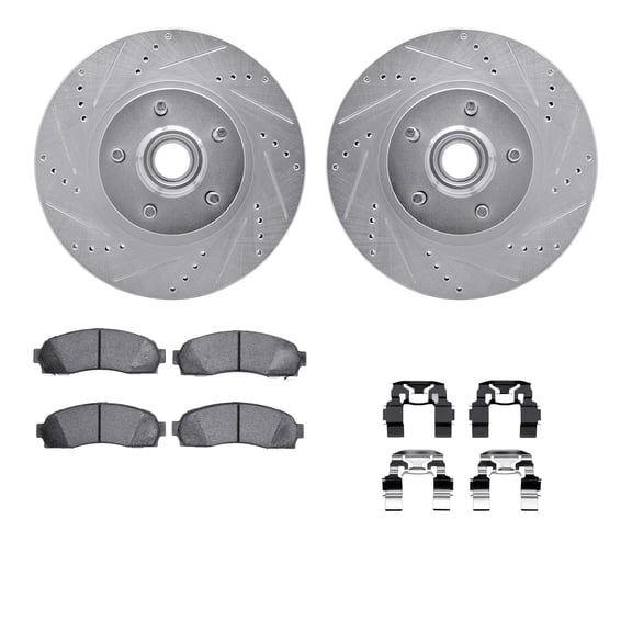 Dynamic Friction Company Front Brake Rotors-Drilled and Slotted-Silver with Ultimate Duty Performance Brake Pads includes Hardware 7412-54060